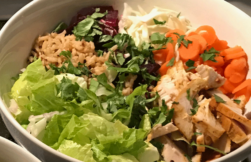 salad bowl chicken carrots cabbage beets rice
